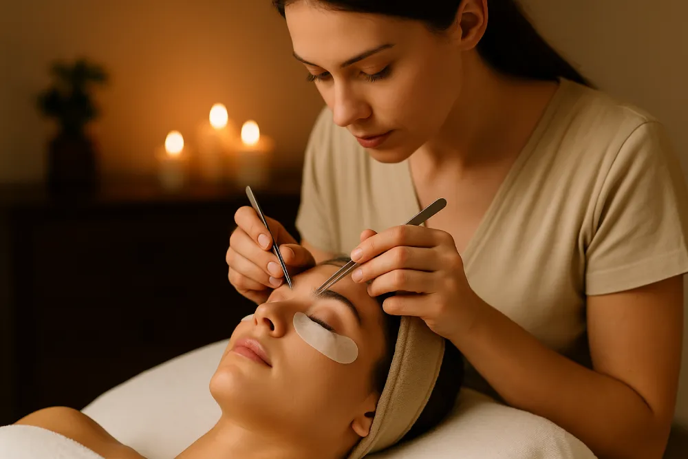 Nahaufnahme eines gepflegten Beauty-Looks mit professionell gestylten Augenbrauen